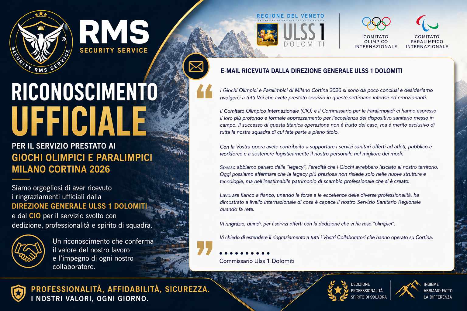 RICONOSCIMENTO UFFICIALE PER IL SERVIZIO AI GIOCHI OLIMPICI E PARALIMPICI MILANO CORTINA 2026